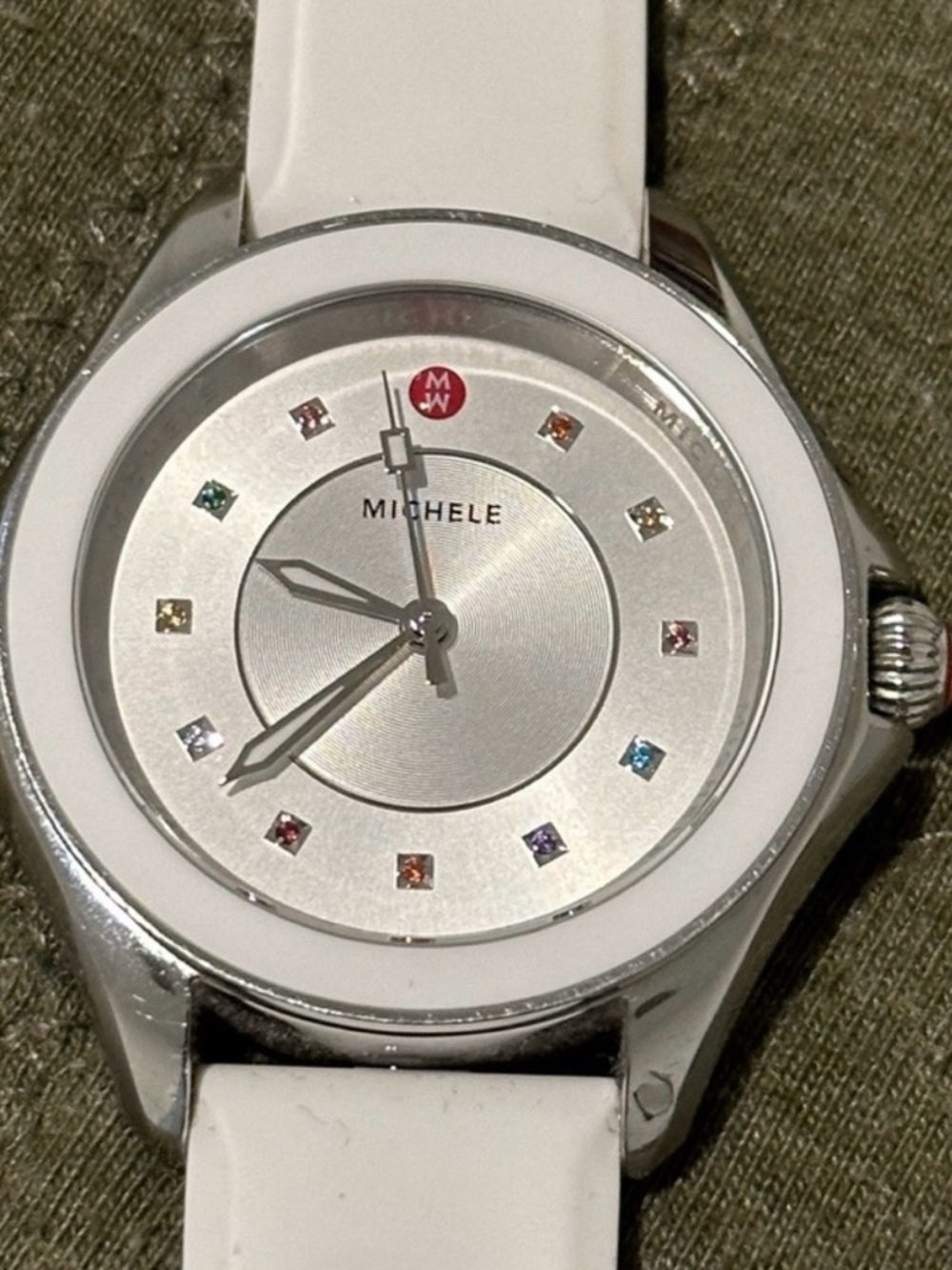 Michele Cape Watch White Double Silicone Strap 11 Multi Color Topaz Hour Markers